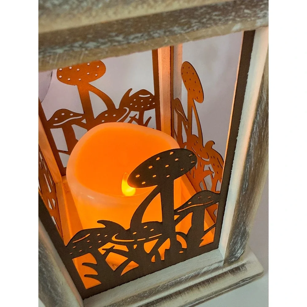 Rustic Mushroom Forest LED Lantern Wood Metal Woodland Flameless Candle New